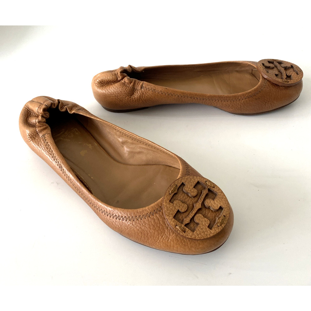 TORY BURCH Classic Minnie Ballet Flat Brown Leather Logo Slip On Round Toe Tan 9 - Picture 3 of 9